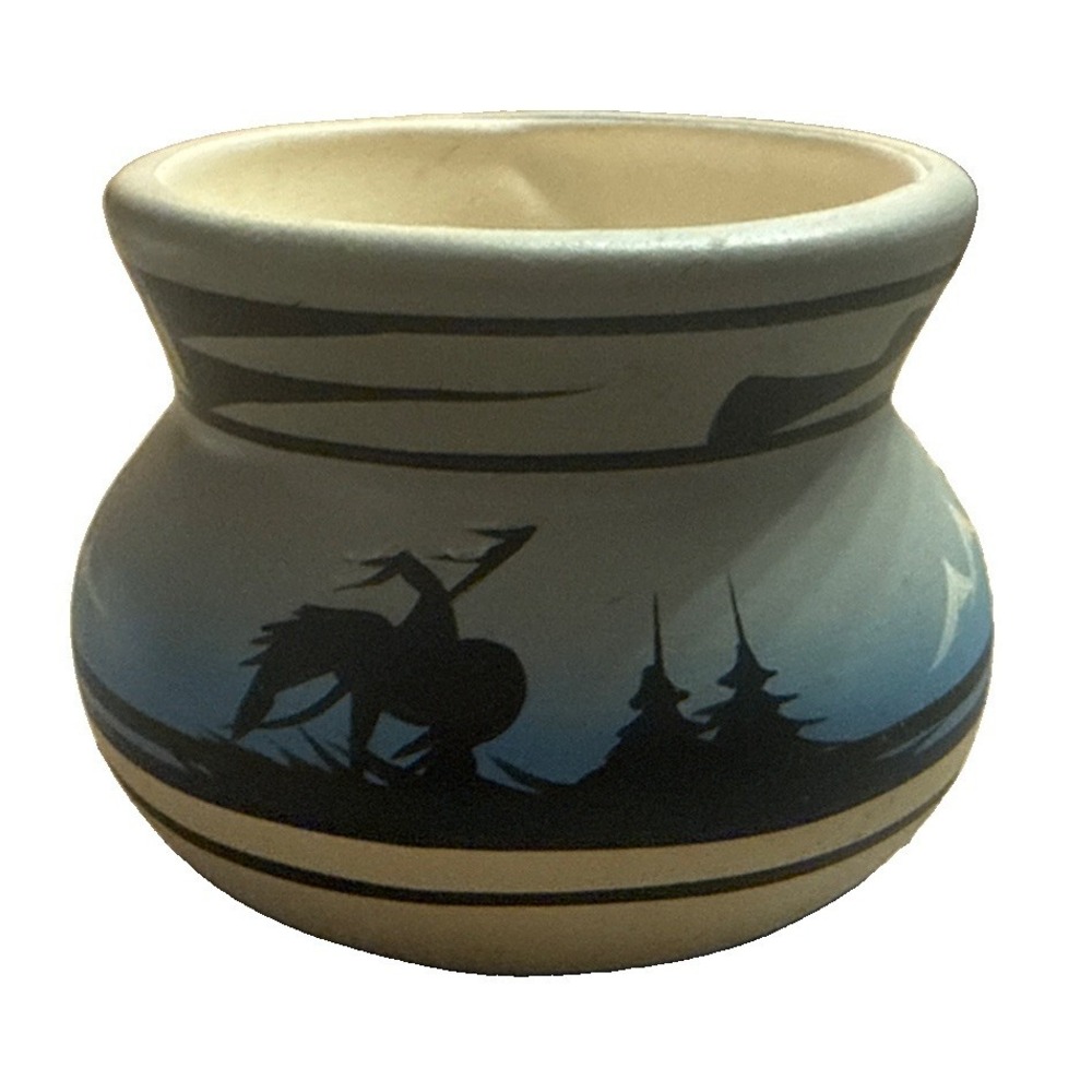 Navajo Painted Pottery Signed Vase Southwestern Native American Scenes 4.5x3.25"